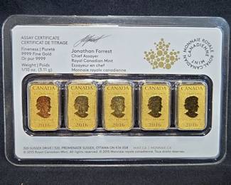 2016 Royal Canadian Mint 1/10 oz Gold Legal Tender $25 5-Bar Set, .9999 Fine Gold