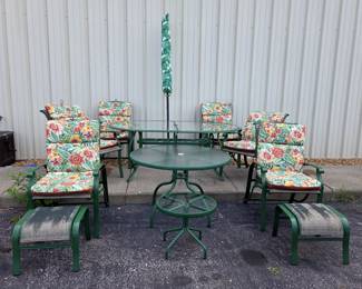 Outdoor Patio Set Complete With 6 Chairs With Floral Cushions, 3 Tables, Umbrella With Stand, 2 Footstools, And Additional Cushions