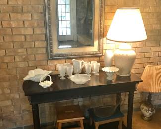Sofa table, nice mirror, milk glass