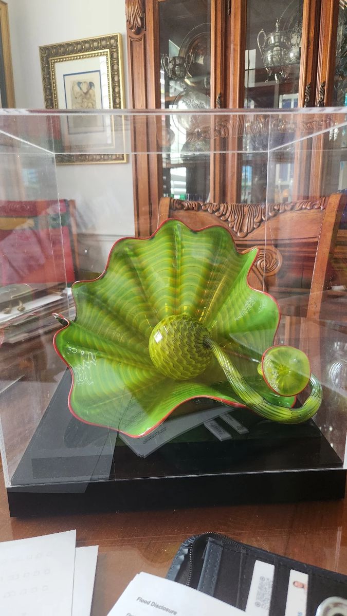 Item # 001 Dale Chihuly, "Green Persian Set," 2001, signed and with the case. References floral mysteries. Very rare to find one in this great condition. Asking price $9500.00.