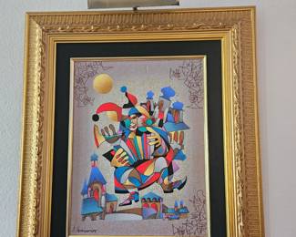 Anatole Krasnyanski signed serigraph "Accordian over Rostov" 2000 Serigraph in color with hand embellishments on canvas. Edition of 150 with Certificate of Authenticity.