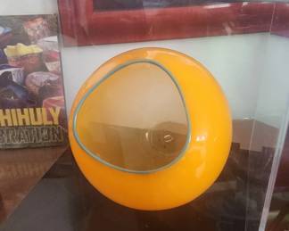 Item#003 "Very Rare" Dale Chihuly glass sculpture, mango basket with blue lip wrap. This spherical piece is signed and in a display case. $7200.00