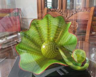 Item # 001 Dale Chihuly, "Green Persian Set," 2001, signed and with the case. References floral mysteries. Very rare to find one in this great condition. Asking price $9500.00.