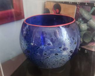 Blown Glass Basket by artist Dale Chihuly, Dark Cobalt Blue Frosted glass with Red Cadmium lip and red accents throughout the glass. Signed and dated (1995) by the artist. 8 x 8 x 8 inches $5250.00