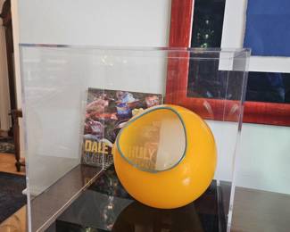 front of case Item#003 "Very Rare" Dale Chihuly glass sculpture, mango basket with blue lip wrap. This spherical piece is signed and in a display case. $7200.00