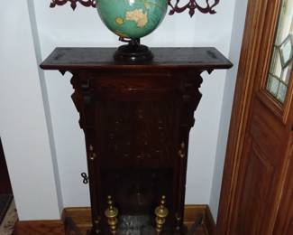 Floor clock, vintage globe, brass andirons 