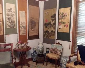 Wall hangings, vintage furniture 