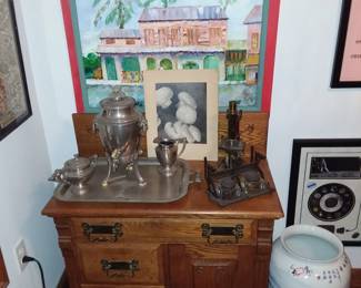 Washstand, inkwell, brass microscope 