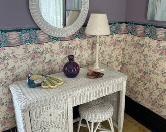 Wicker desk & stool, mirror