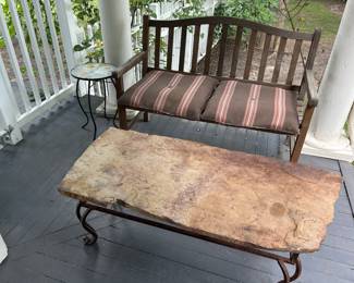 Wooden bench, slate top cast iron base coffee table