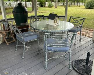 Heavy duty patio table & chairs, green egg cooker, umbrella stand