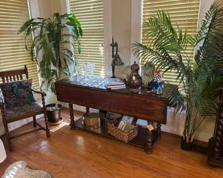 Gorgeous drop leaf server/console table, pair of barley twist chairs, real & artificial plants