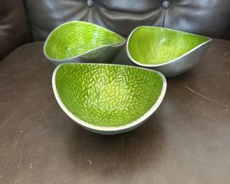Set of 3 green enamel on pewter bowls