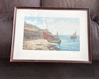 Boat on shore signed art