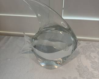 Large heavy white striped clear glass fish