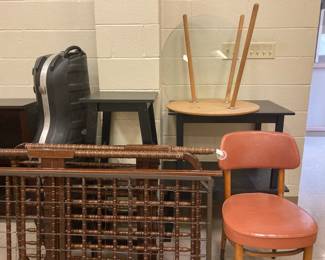 baby bed, end tables, small glass top round table