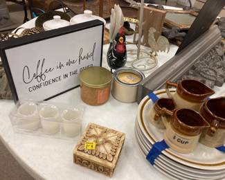 plates, measuring cups, kitchen decor
