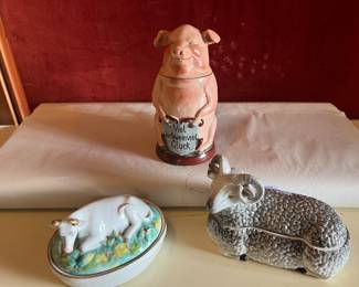 Staffordshire 1868 Cow butter dish....German 1910 pig stein. 