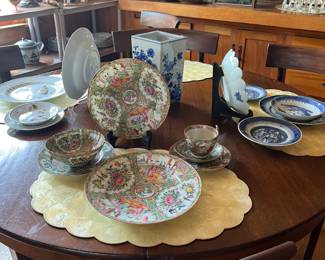 Antique Blue Canton and Famille Rose China..Antique round dining table with four chairs