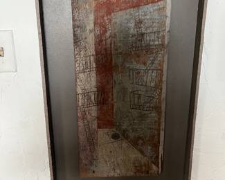 Artist Caroline...mid-century-frame painting on wood of a building with fire escapes
