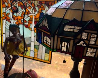 Stain glass, fabulous Tiffany style lamp and Judie Bomberger 2003 "Hilda" puppet sculpture/Whimisical Folk Art