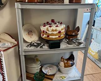 Several interesting objects: USA & Portugal bird covered dishes, R Davey print, vintage bird shaped lemon/lime sqeezers, hunting group of knife rests, vintage Carbone covered casserole dish.....