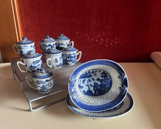 Antique Chinese Canton reticulated woven dish with plate..collection of rare Canton Pot de Creme with lid