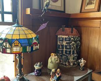 Tiffany style lamp (we have several) lithographs by San Diego artist Sue Tusingham McNary (we have several and majority are of San Diego subjects) Porcelain by Heather Goldmine(2000) China below is by Fitz and Floyd/"Oiseau"