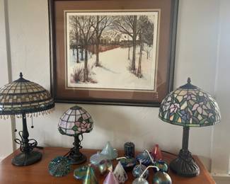 Tiffany style lamps, large lithograph by San Diego artist Sue Tusingham McNary....