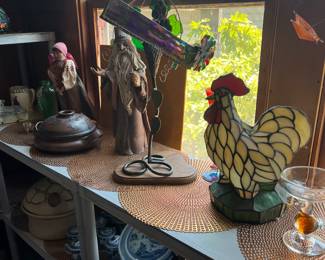 Below...Antique Blue Canton china...Very fun rooster tiffany style lamp ...vintage kaliescope
