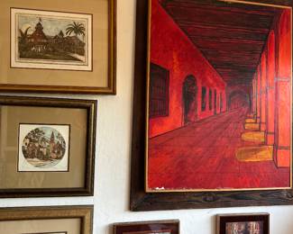 Lithographs by San Diego artist Sue Tusingham McNary...tiles of San Diego subjects by San Diego artist Grove..Large  oil of Balboa Park Corridor (probably near the San Diego History Center/Photography Museum & in the 1970s)
