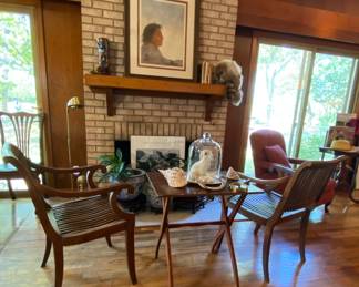 very solid old wooden arm chairs, folding campaign table