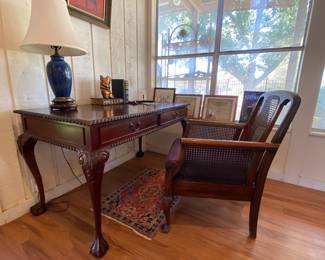 mahogany desk, old cane arm chair by old Austin furniture maker C.A Dahlich in excellent condition
