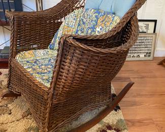 natural wicker antique rocker with side magazine pocket