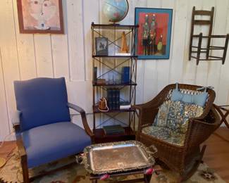 brass & cherry tall low profile shelf, natural wicker rocker with magazine book holder