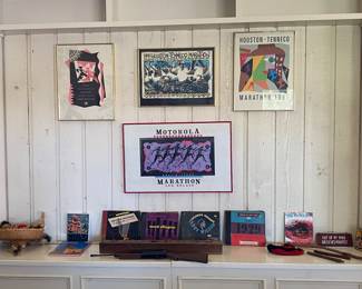 various  vintage Texas marathon prints, old record box sets, 