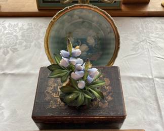 antique , porcelain vintage Andre Sudak flowers, swan plate and big brass candelabra