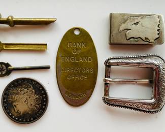 1887 Morgan silver dollar, sterling eagle money clip and other od misc