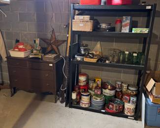 Tins, shelf, dresser, spice cabinet
