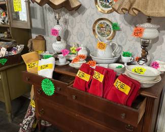 Four Drawer Chest - Linens - Table Clothes - Lamps - Dishware - State Plates