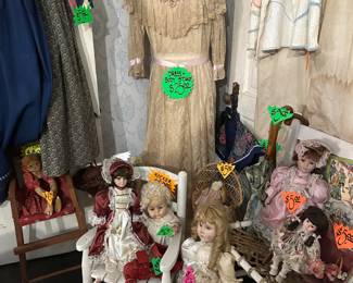 Wood Chairs - Vintage Dresses and model Stands - Clothes - Wash Board - Dolls