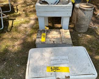 Ice Chest - Wood Table - Motor Cycle Helmet - Churns