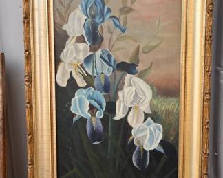 Oil painting, irises, "E.A."