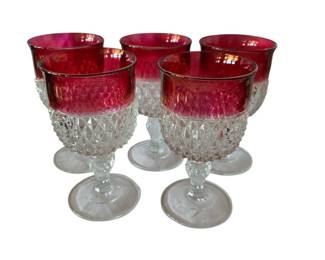 Vintage Set of 5 Indiana Glass Diamond Point Ruby Flash Stemware