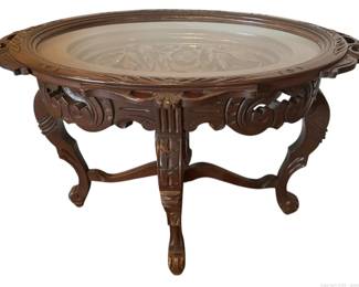 Oval Antique Floral Carved Walnut Tea Table with Glass Top