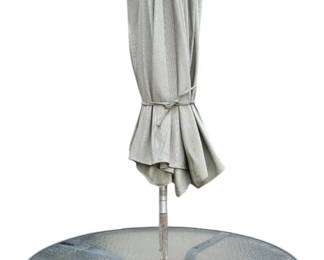 Metal and Glass Patio Table and Umbrella with Wrought Iron Stand