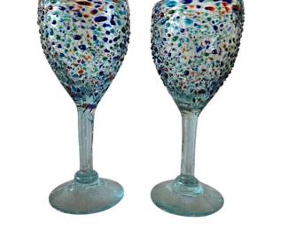 Pair of Colorful Hand Blown Wine Glasses