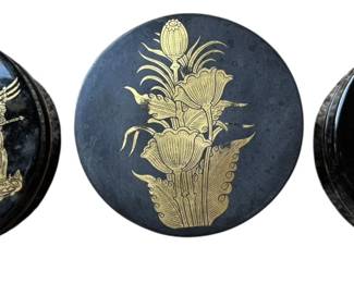 Collection of 3 Small Black Lacquered and Brass Trinket Boxes