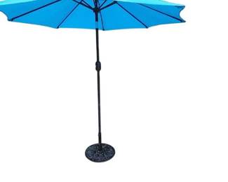 Blue Umbrella with Wrought Iron Base