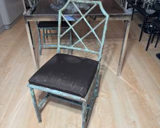 Set of 6 faux bamboo metal chairs with painted verdigris finish.